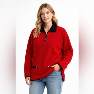 Vintage 90’s Red Half Zip Pullover Sherpa Black Collar Grandma Ski Cottage Sz M